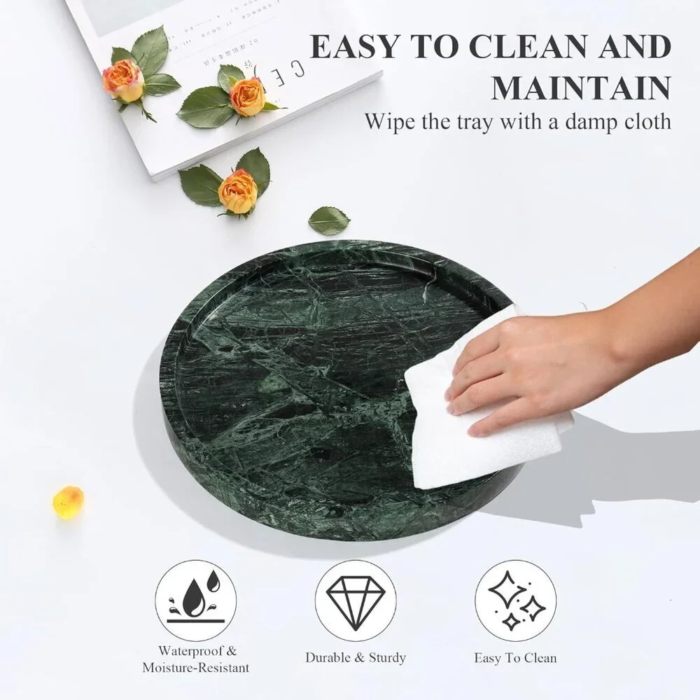 Real Natural Round Marble Tray for Bathroom, Genuine Marble Stone Vanity Tray, L